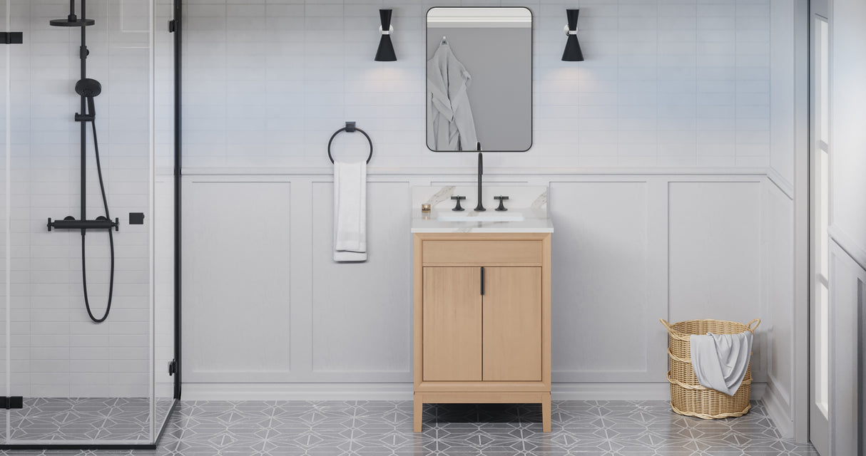 Jeffrey Alexander Theodora 24" Natural Oak Single Sink Bathroom Vanity with Calacatta Vienna Quartz Top - 8 in. Widespread Faucet Top product image 6