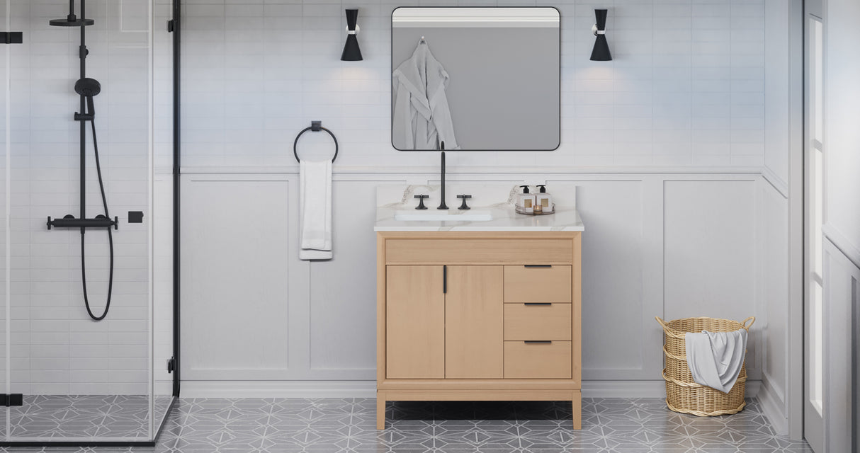 Jeffrey Alexander Theodora 36" Natural Oak Single Sink Bathroom Vanity with Calacatta Vienna Quartz Top - 8 in. Widespread Faucet Top product image 6
