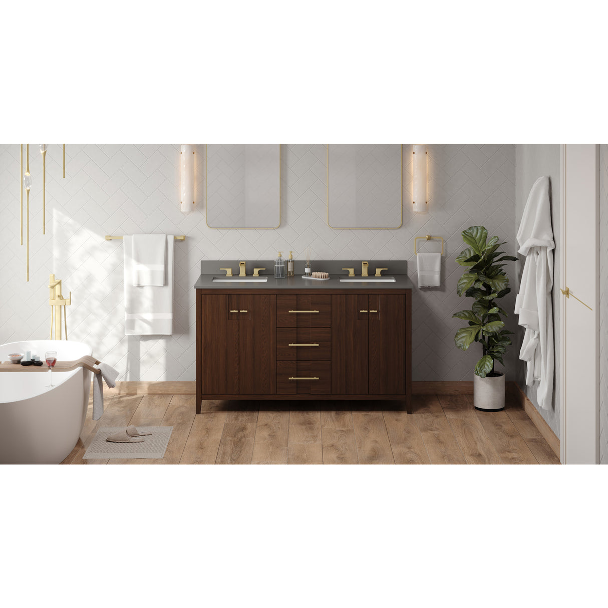 Jeffrey Alexander Katara 60" Dark Walnut Double Sink Bathroom Vanity with Grey Quartz Top - 8 in. Widespread Faucet Top