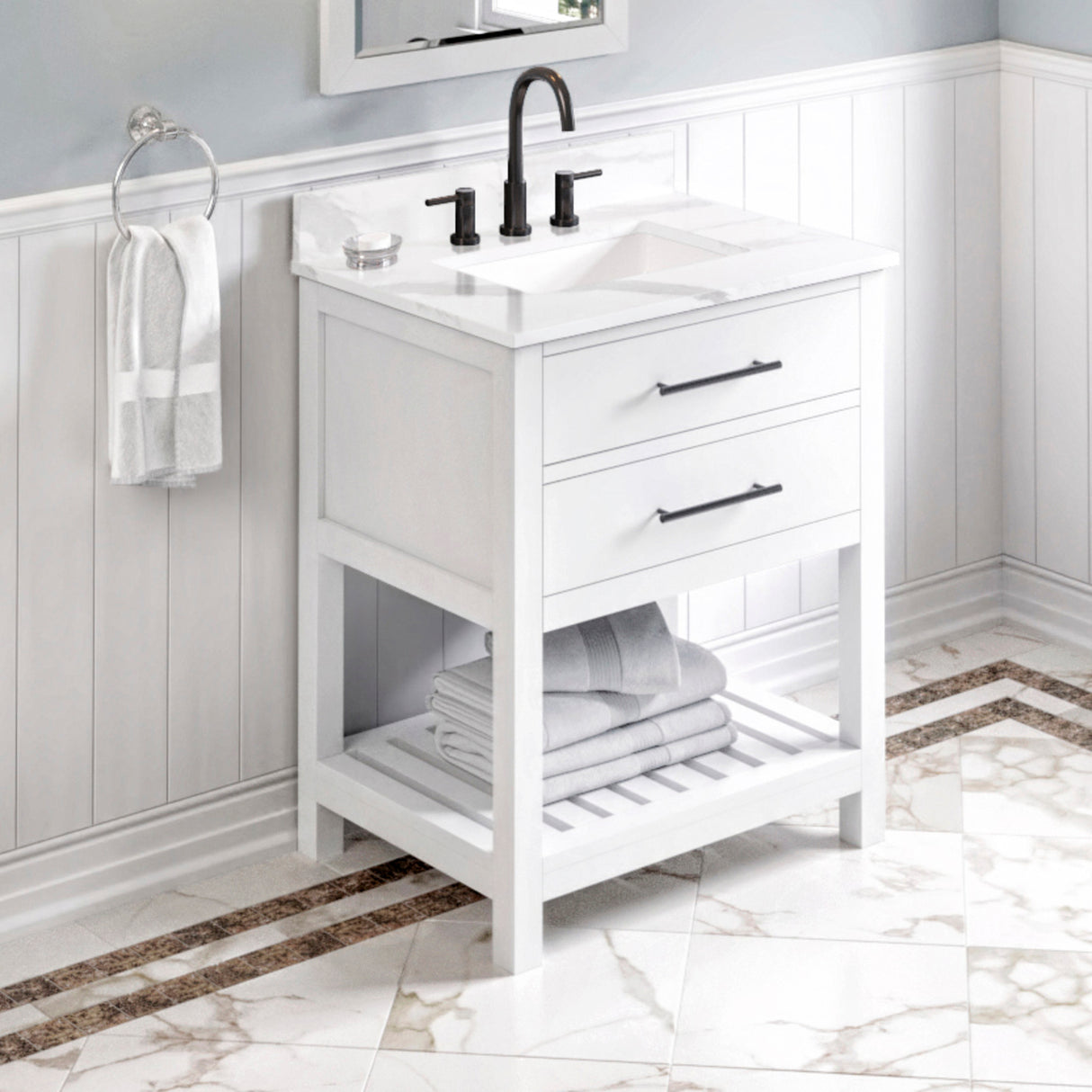 Jeffrey Alexander Wavecrest 30" White Single Sink Bathroom Vanity with Calacatta Vienna Quartz Top - 8 in. Widespread Faucet Top product image 2