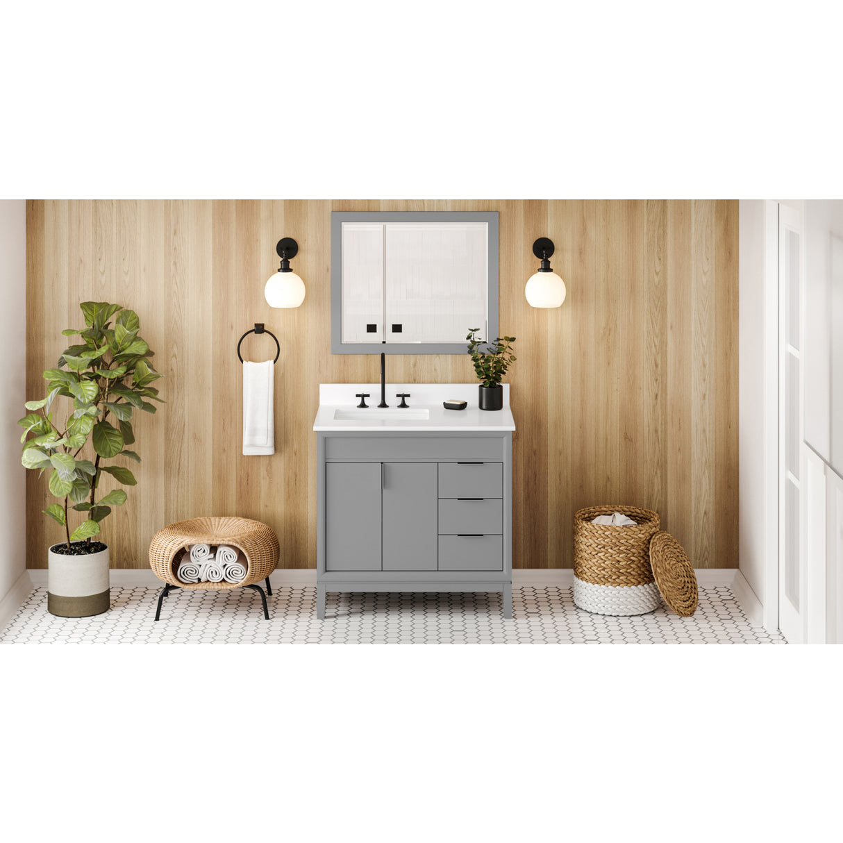Jeffrey Alexander Theodora 36" Grey Single Sink Bathroom Vanity with White Quartz Top - 8 in. Widespread Faucet Top