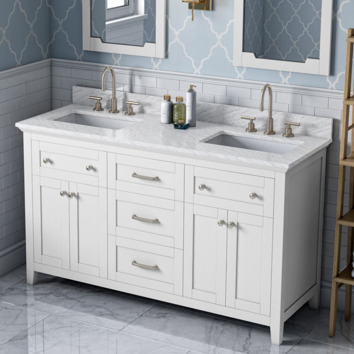 Jeffrey Alexander Chatham 60" White Double Sink Bathroom Vanity with White Carrara Marble Top - 8 in. Widespread Faucet Top - VKITCHA60WHWCR product image 2