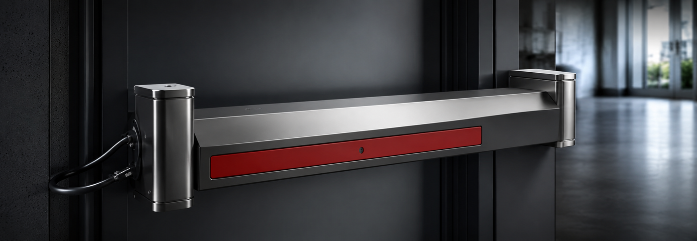 Commercial door hardware set with exit device and lever lock on a work surface