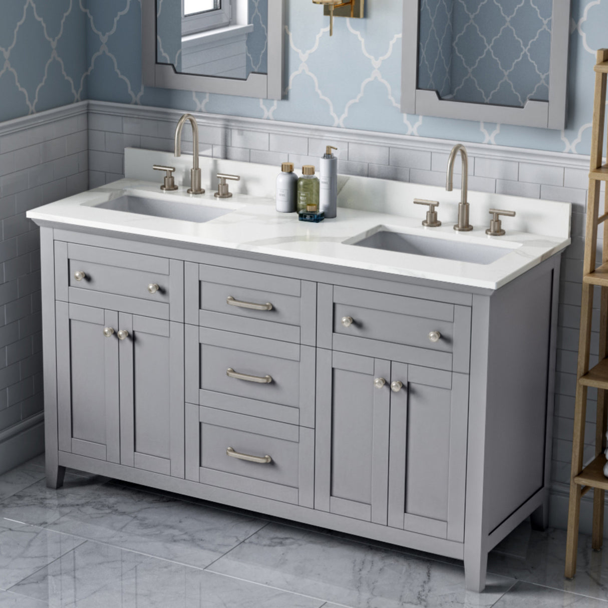 Jeffrey Alexander Chatham 60" Grey Double Sink Bathroom Vanity with Calacatta Vienna Quartz Top - 8 in. Widespread Faucet Top - VKITCHA60GRCQR product image 2