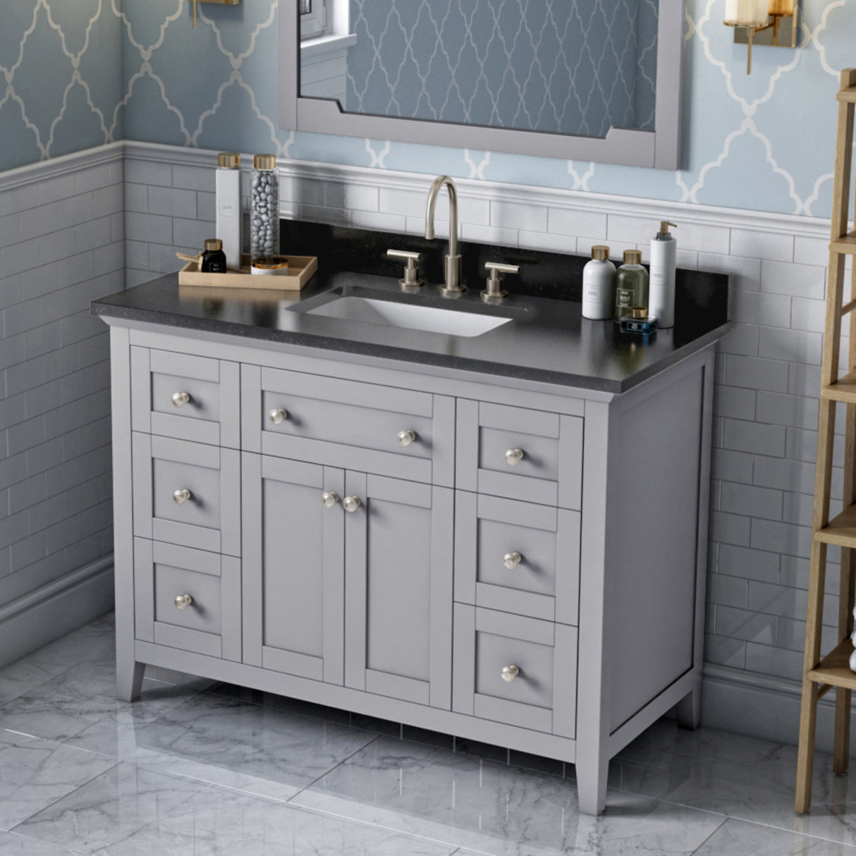 Jeffrey Alexander Chatham 48" Grey Single Sink Bathroom Vanity with Black Granite Top - 8 in. Widespread Faucet Top product image 2