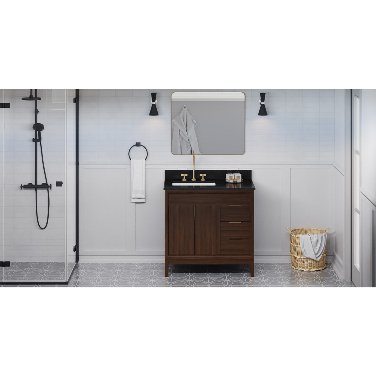 Jeffrey Alexander Theodora 36" Dark Walnut Single Sink Bathroom Vanity with Black Granite Top - 8 in. Widespread Faucet Top