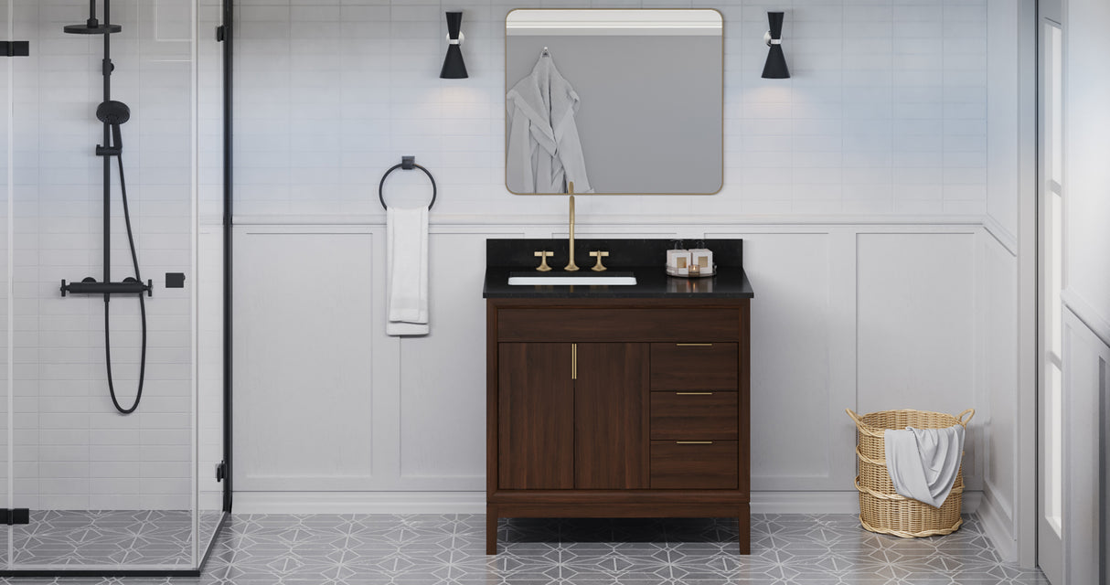Jeffrey Alexander Theodora 36" Dark Walnut Single Sink Bathroom Vanity with Black Granite Top - 8 in. Widespread Faucet Top product image 6