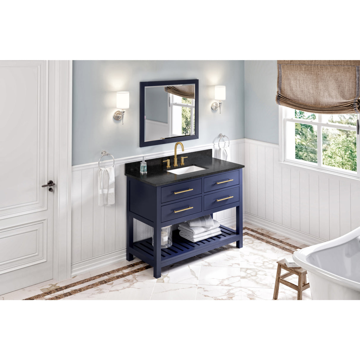 Jeffrey Alexander Wavecrest 48" Hale Blue Single Sink Bathroom Vanity with Black Granite Top - 8 in. Widespread Faucet Top