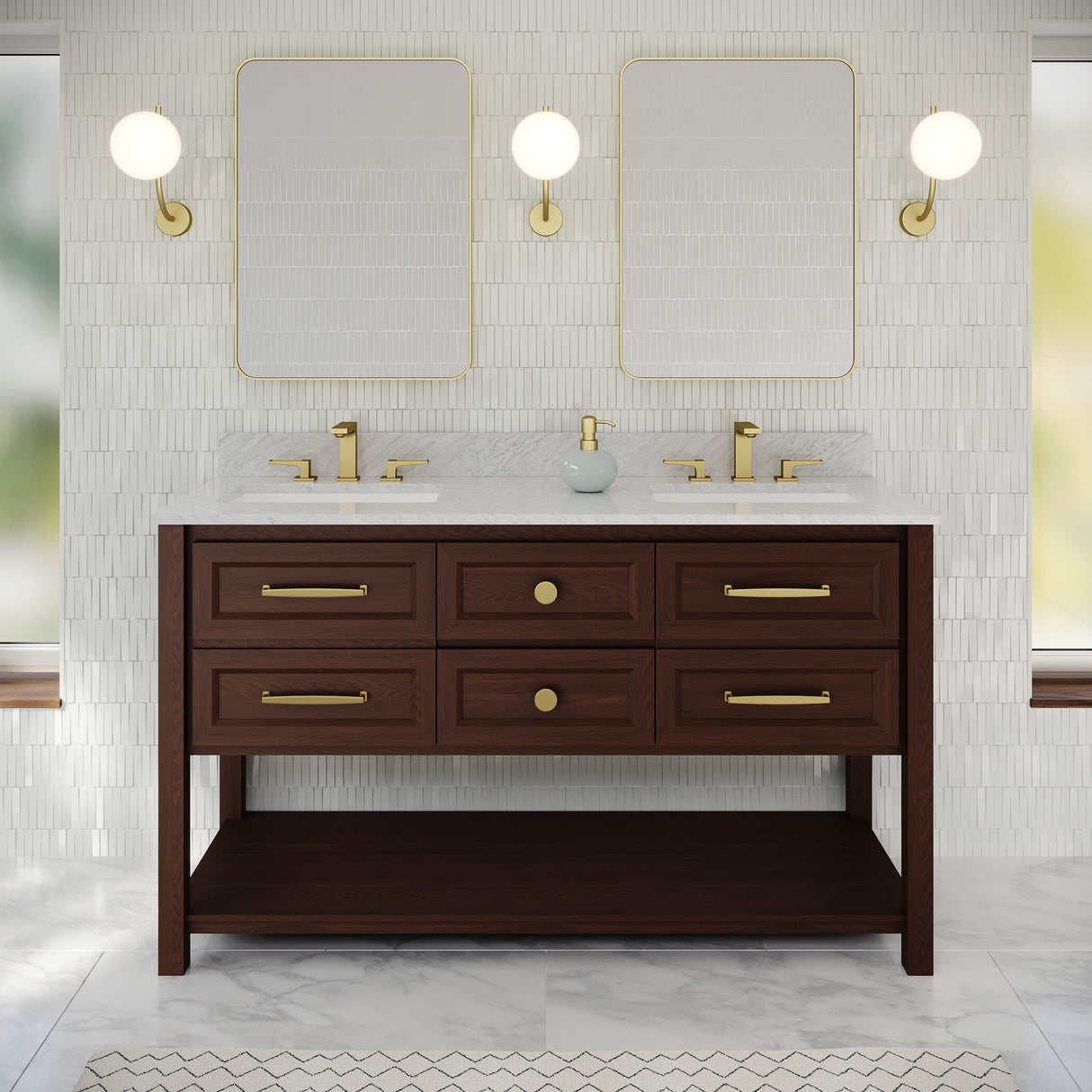 Jeffrey Alexander Kipling 60" Dark Walnut Double Sink Bathroom Vanity with White Carrara Marble Top - 8 in. Widespread Faucet Top