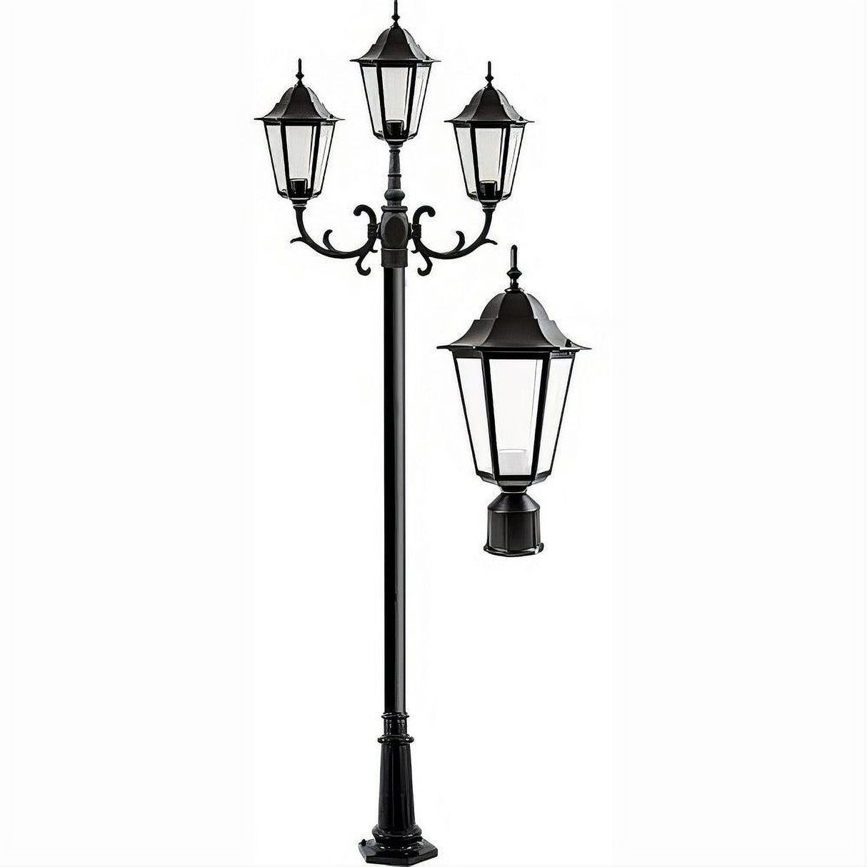 Dabmar Lighting GM1323S-L18-RGBW-B-FR-FR Cast Alum 3 Post Top Fixture Pole + Base 86V-265V E26 3X LED 6W RGBW Frost Black