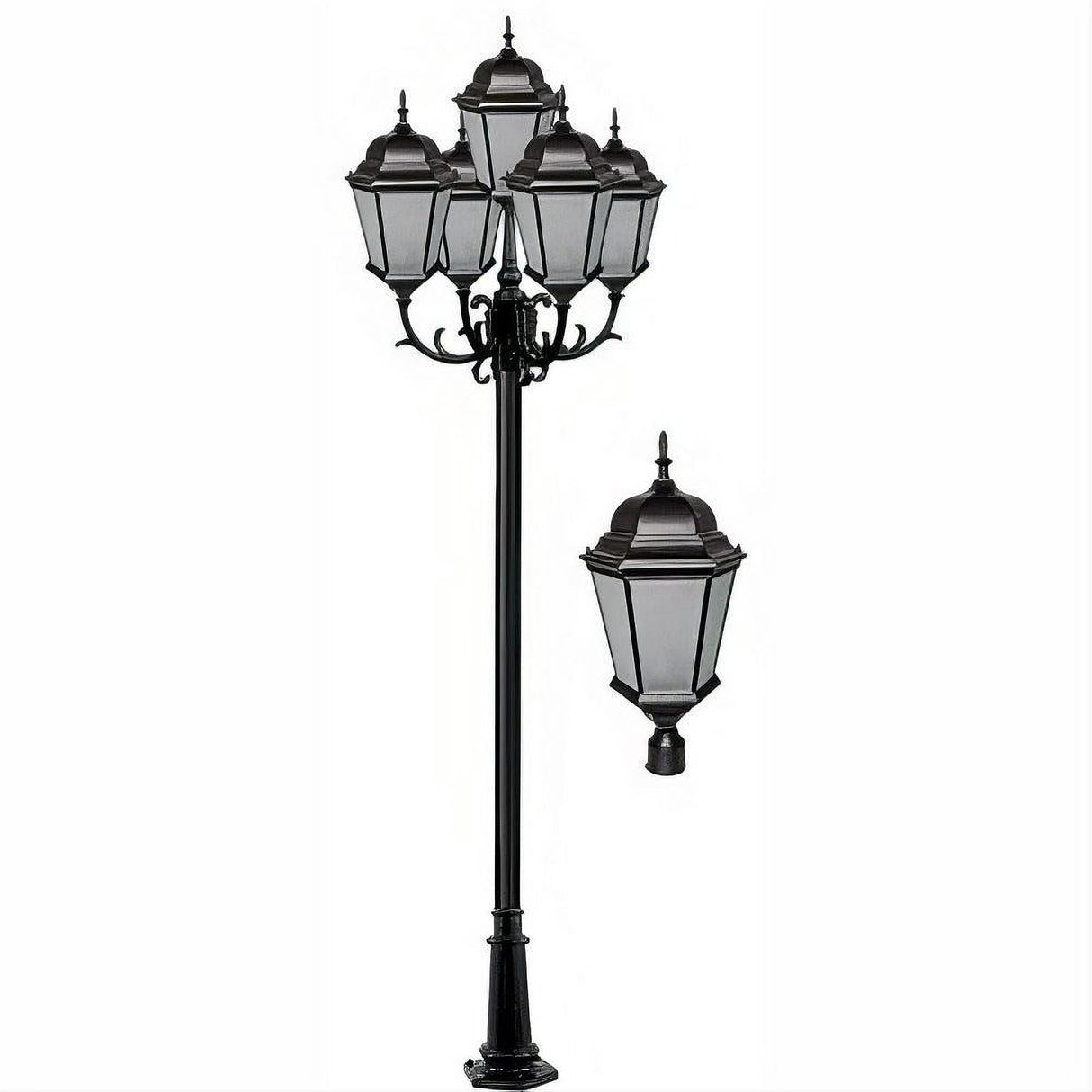 Dabmar Lighting GM2355-L150-30K-B-FR-FR Cast Alum 5 Post Top Fixture Pole + Base 85V-265V E26 5X LED 30W 30K Frost Black