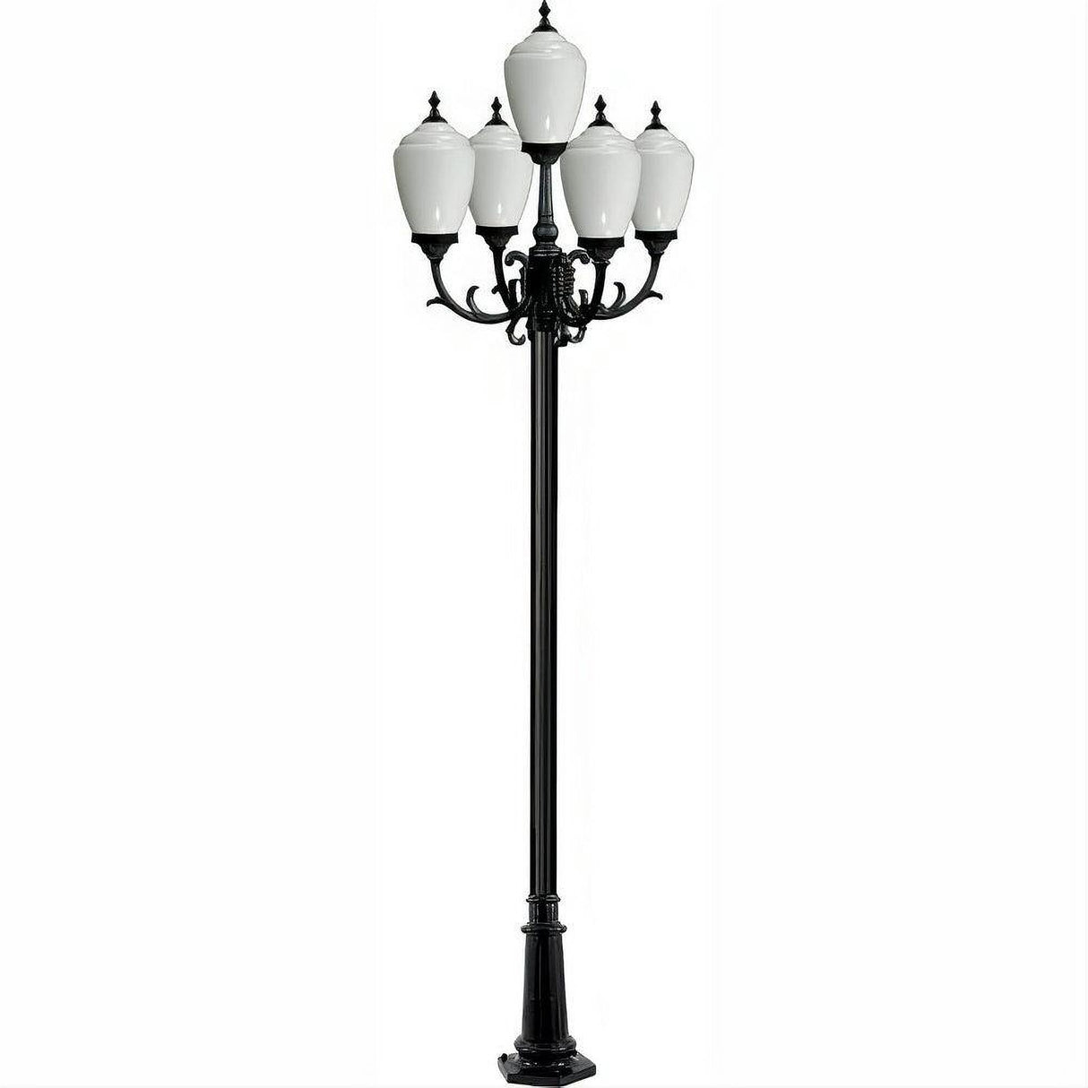 Dabmar Lighting GM2855-L90-30K-B Cast Alum 5 Post Top Fixture Pole + Base 120V E26 5X LED 18W 30K Black