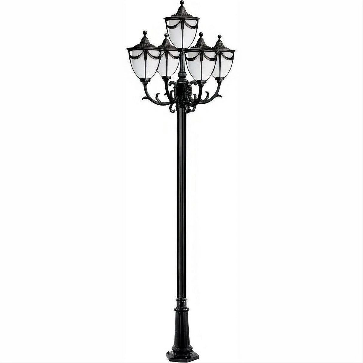 Dabmar Lighting GM4805-L90-65K-B Cast Alum 5 Post Top Fixture Pole + Base 120V E26 5X LED 18W 65K Black