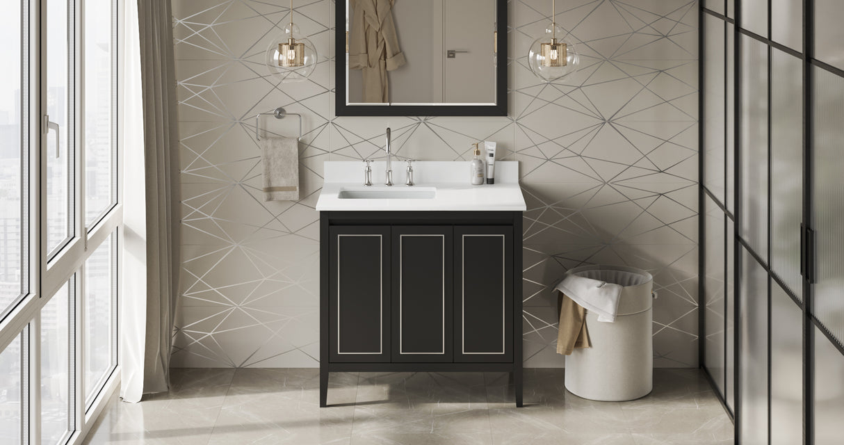 Jeffrey Alexander Percival 36" Black Single Sink Bathroom Vanity with White Quartz Top - 8 in. Widespread Faucet Top product image 6
