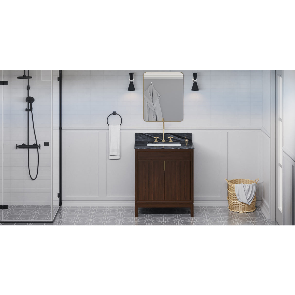Jeffrey Alexander Theodora 30" Dark Walnut Single Sink Bathroom Vanity with Grey Marble Top - 8 in. Widespread Faucet Top