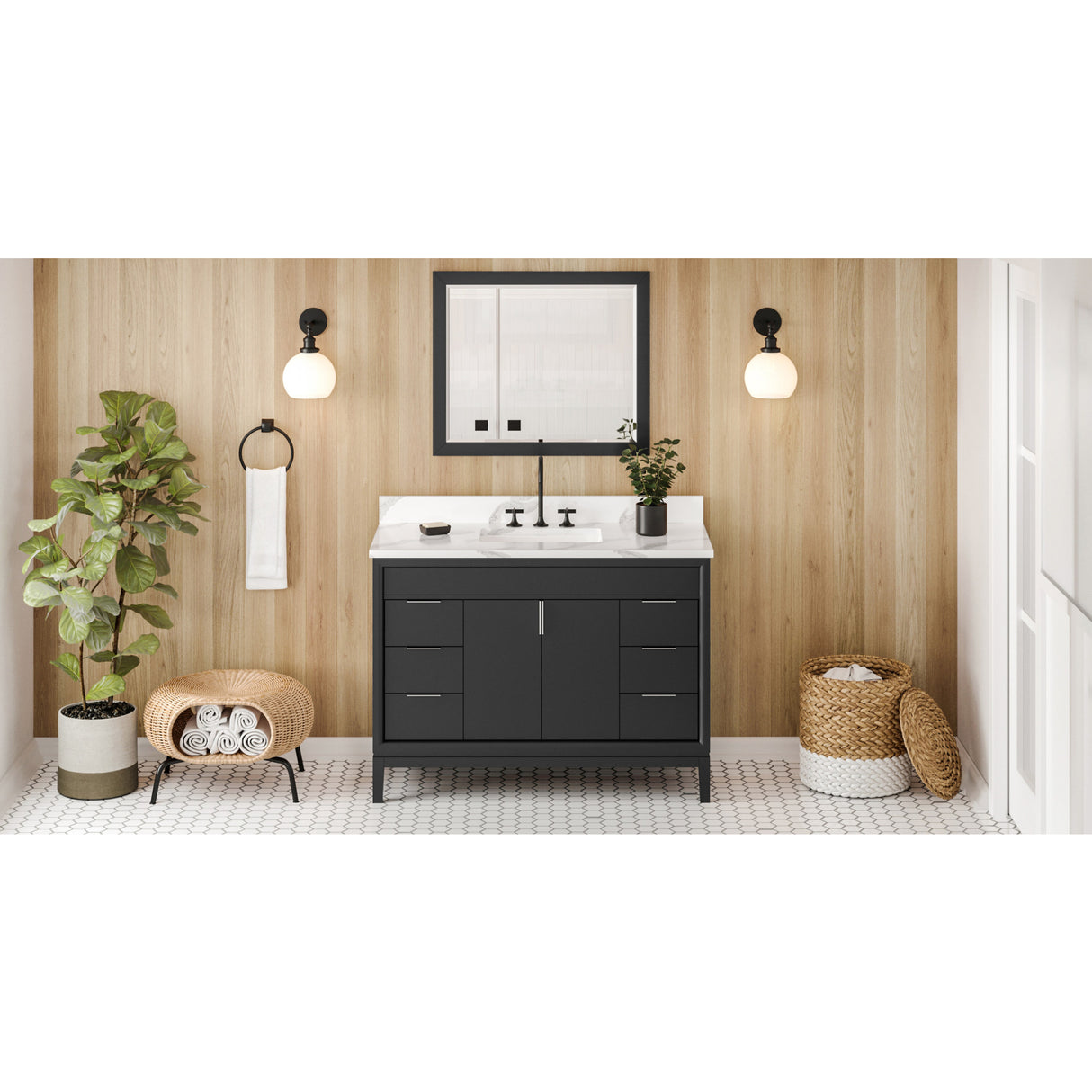 Jeffrey Alexander Theodora 48" Black Single Sink Bathroom Vanity with Calacatta Vienna Quartz Top - 8 in. Widespread Faucet Top