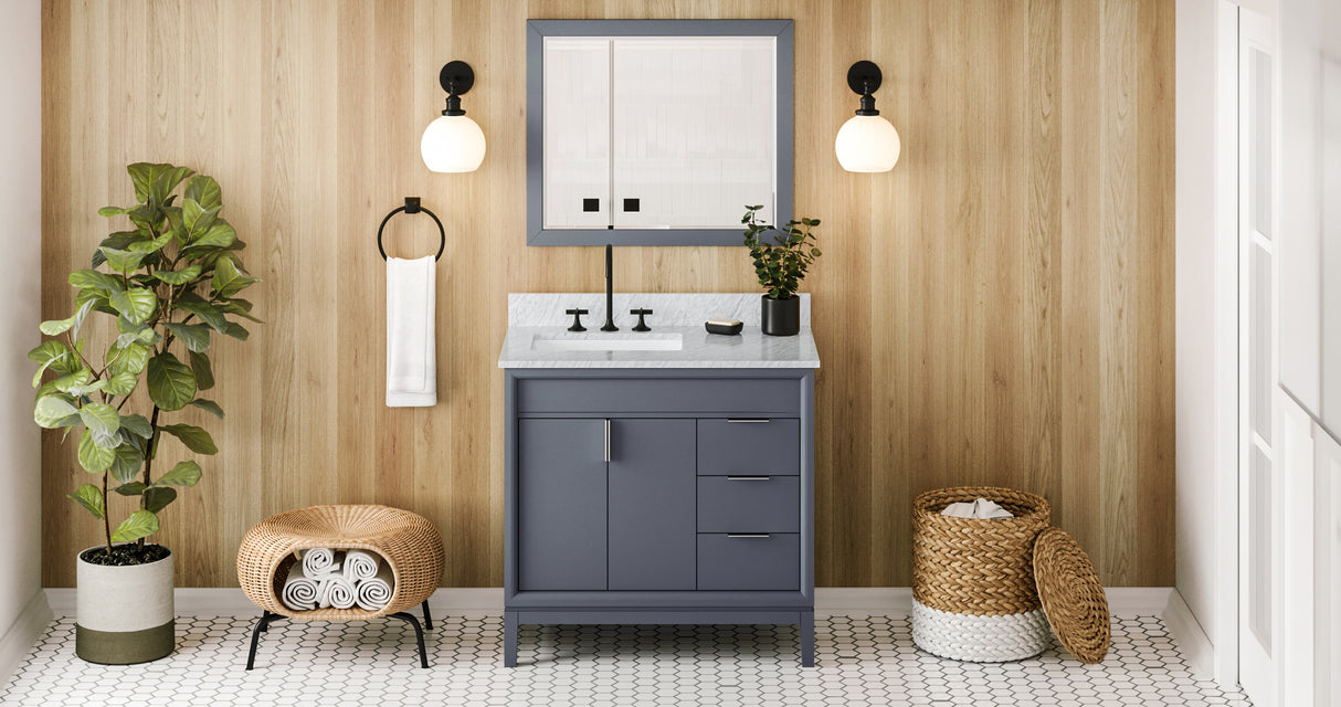 Jeffrey Alexander Theodora 36" Blue Steel Single Sink Bathroom Vanity with White Carrara Marble Top - 8 in. Widespread Faucet Top product image 7