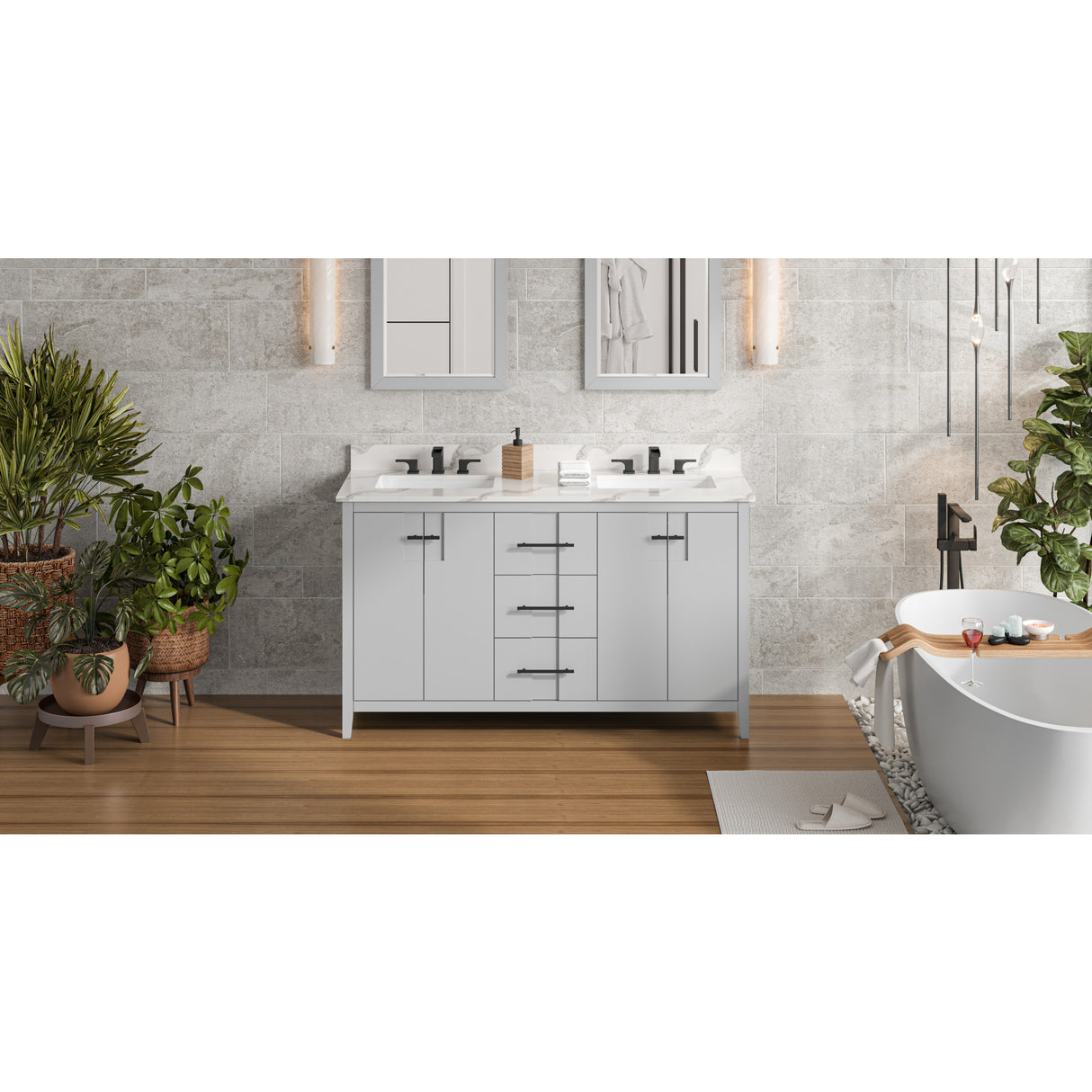 Jeffrey Alexander Katara 60" Grey Double Sink Bathroom Vanity with Calacatta Vienna Quartz Top - 8 in. Widespread Faucet Top
