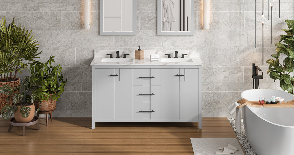 Jeffrey Alexander Katara 60" Grey Double Sink Bathroom Vanity with Calacatta Vienna Quartz Top - 8 in. Widespread Faucet Top product image 7
