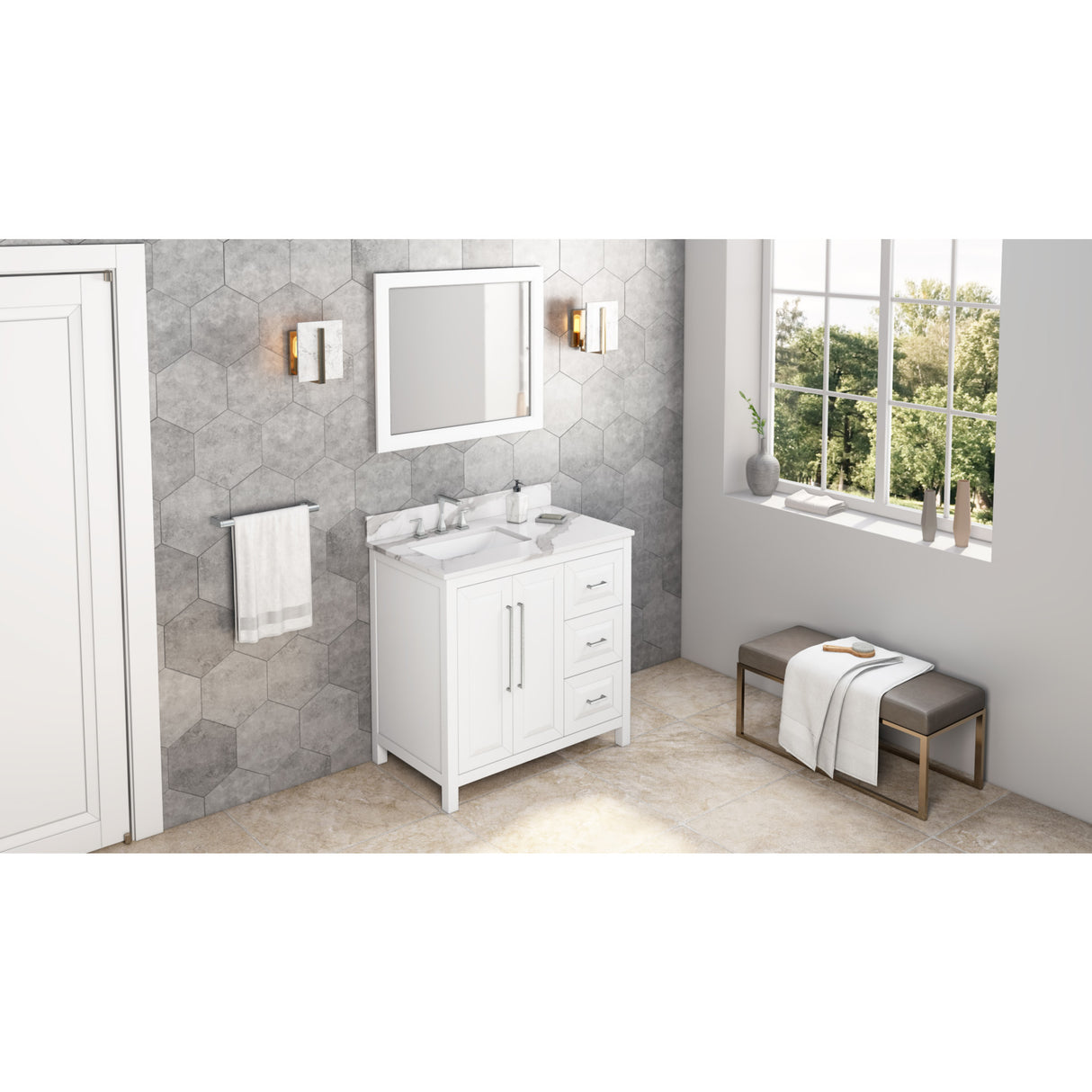 Jeffrey Alexander Cade 36" White Single Sink Bathroom Vanity with Calacatta Vienna Quartz Top - 8 in. Widespread Faucet Top