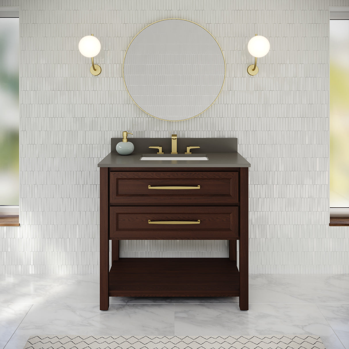 Jeffrey Alexander Kipling 37" Dark Walnut Single Sink Bathroom Vanity with Grey Quartz Top - Single-Hole Faucet Top