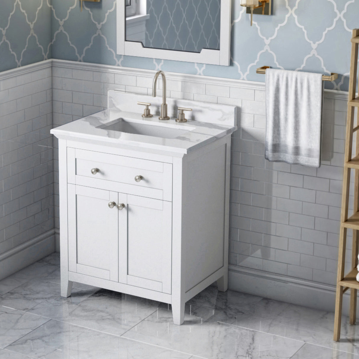 Jeffrey Alexander Chatham 30" White Single Sink Bathroom Vanity with Calacatta Vienna Quartz Top - 8 in. Widespread Faucet Top product image 2