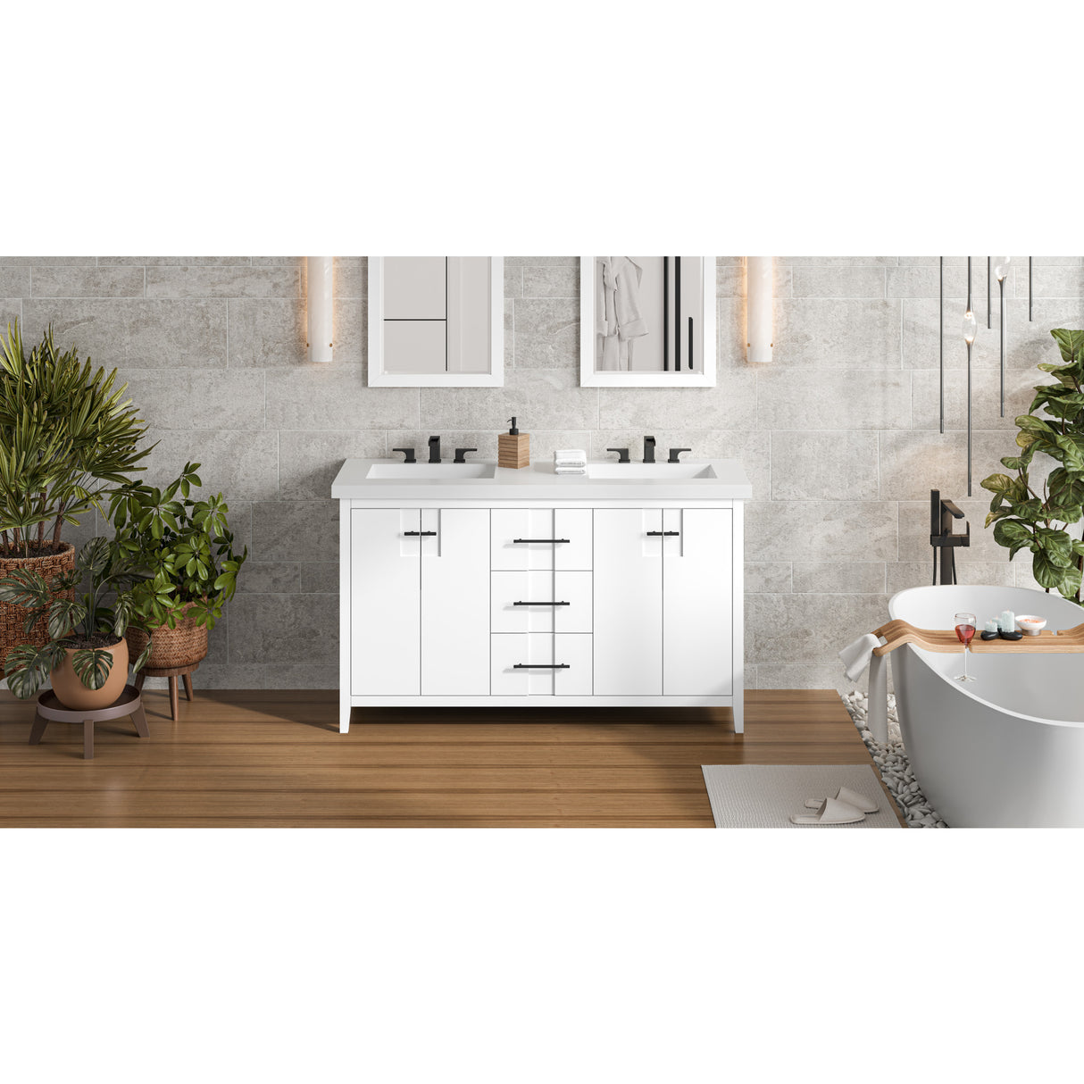 Jeffrey Alexander Katara 61" White Double Sink Bathroom Vanity with White Resin Top - 8 in. Widespread Faucet Top