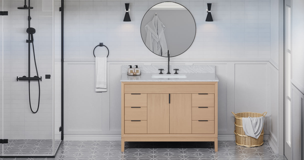 Jeffrey Alexander Theodora 48" Natural Oak Single Sink Bathroom Vanity with White Carrara Marble Top - 8 in. Widespread Faucet Top product image 6