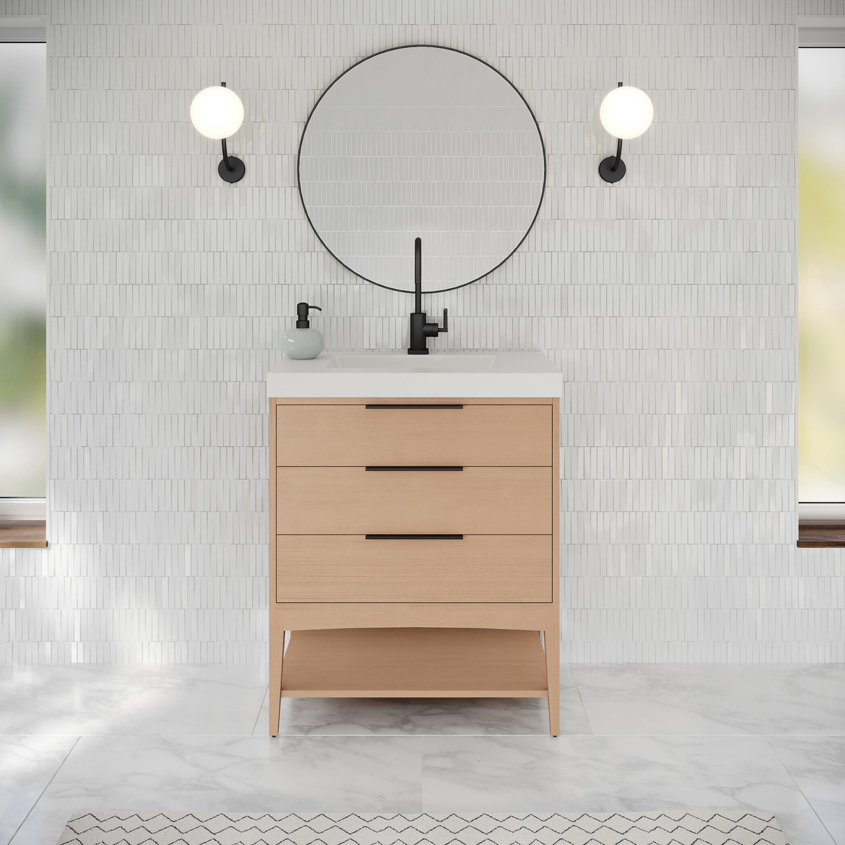 Jeffrey Alexander Gardner 31" Natural Oak Single Sink Bathroom Vanity with White Resin Top - Single-Hole Faucet Top - VKGAR30NOWDNORE product image 2