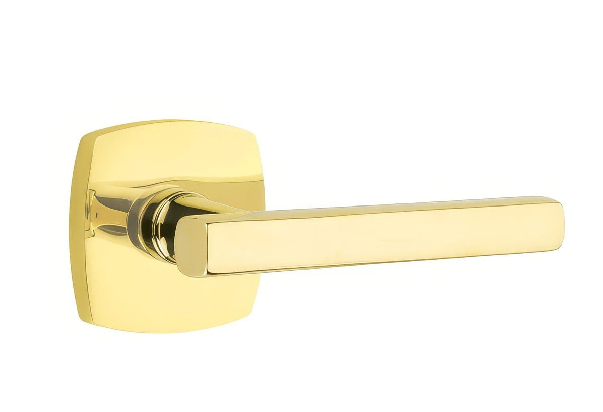Emtek 5316FRLUS3NLRH 5316FRLUSRH Freestone Lever Right Hand 2-3/8" Backset Passage with Urban Modern Rose Unlacquered Brass