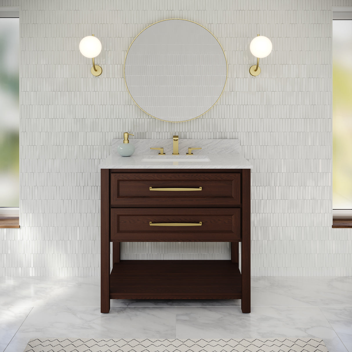 Jeffrey Alexander Kipling 37" Dark Walnut Single Sink Bathroom Vanity with White Carrara Marble Top - Single-Hole Faucet Top - VKITKIP36DWWCR