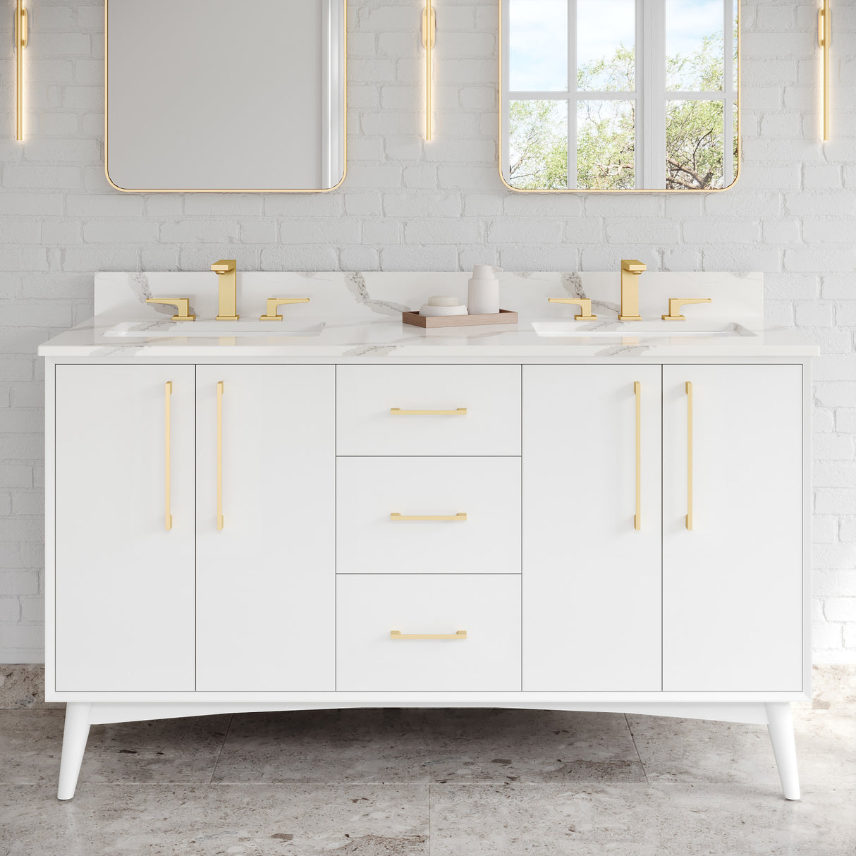 Jeffrey Alexander Dashwood 60" White Double Sink Bathroom Vanity with Calacatta Vienna Quartz Top - 8 in. Widespread Faucet Top