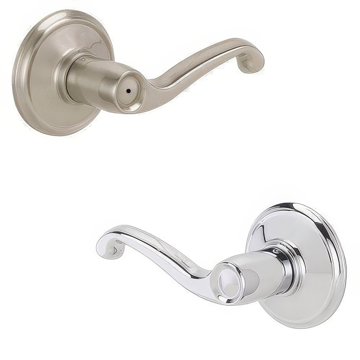 Schlage F40FLA619625RH satin nickel x polished chrome privacy door lever