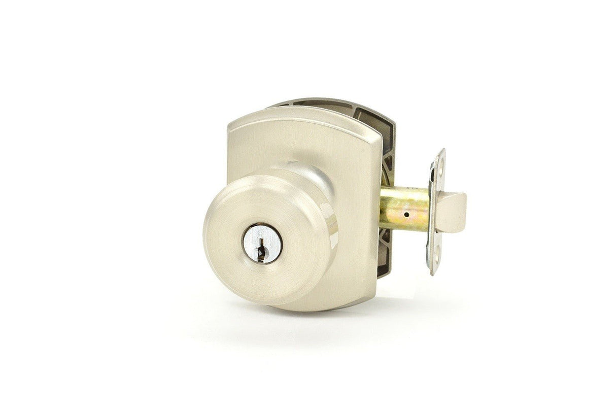 Schlage F51ABWE619GRW satin nickel keyed entry door knob