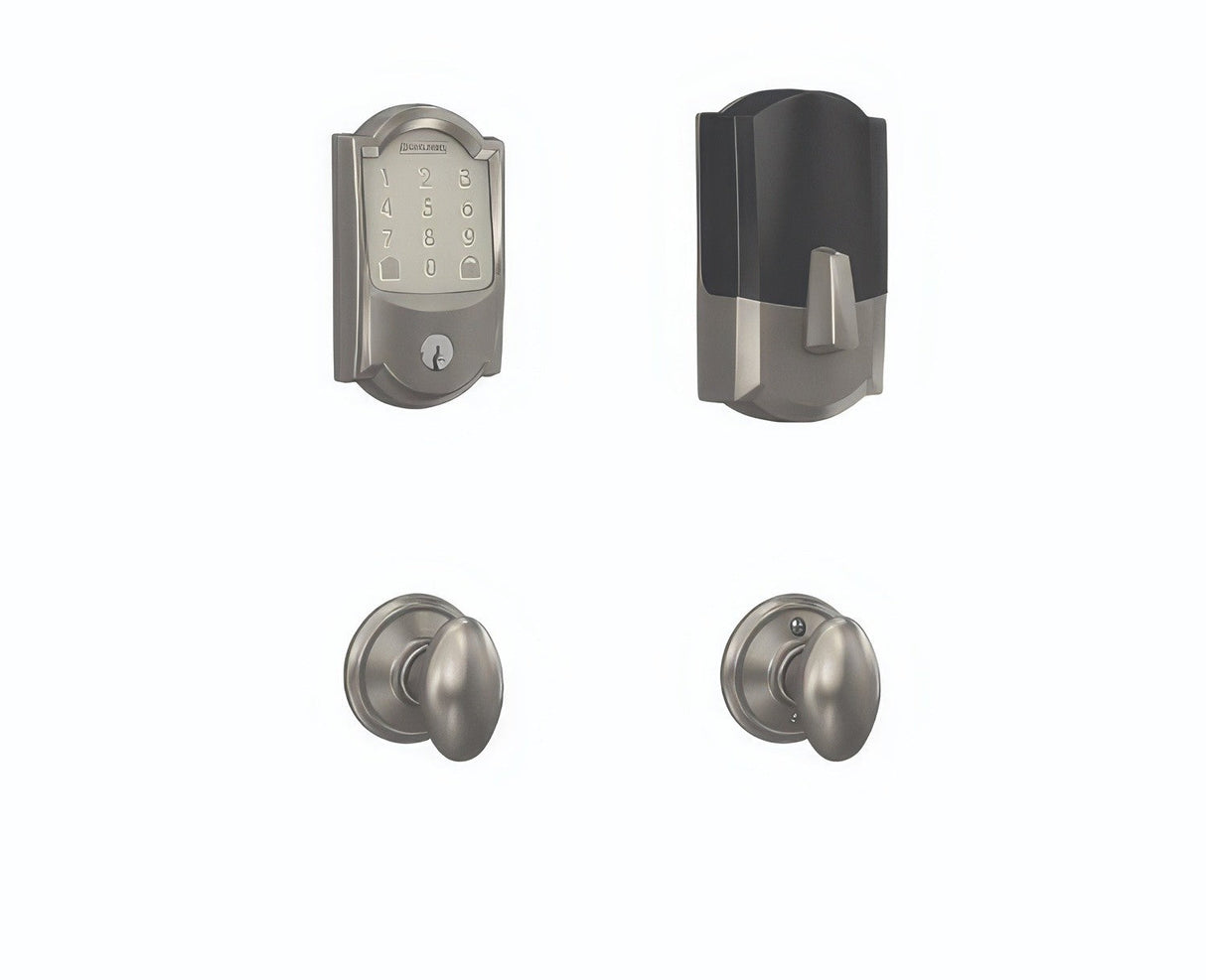 Schlage FBE489WBCCAM619SIE Camelot Encode Smart Wifi Touchscreen Deadbolt with Siena Knob Passage Lock Combo Pack Satin Nickel