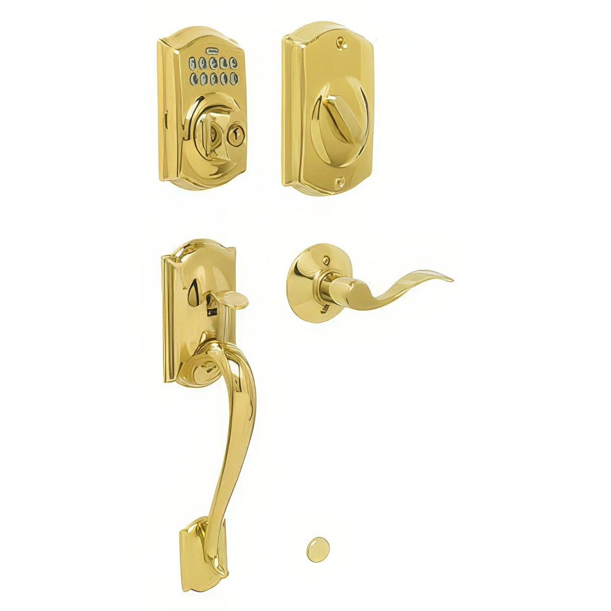 Schlage FE365CAM505ACCLH lifetime polished brass electronic keypad handleset
