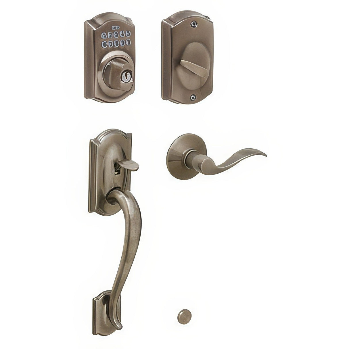 Schlage FE365CAM620ACCLH antique nickel electronic keypad handleset