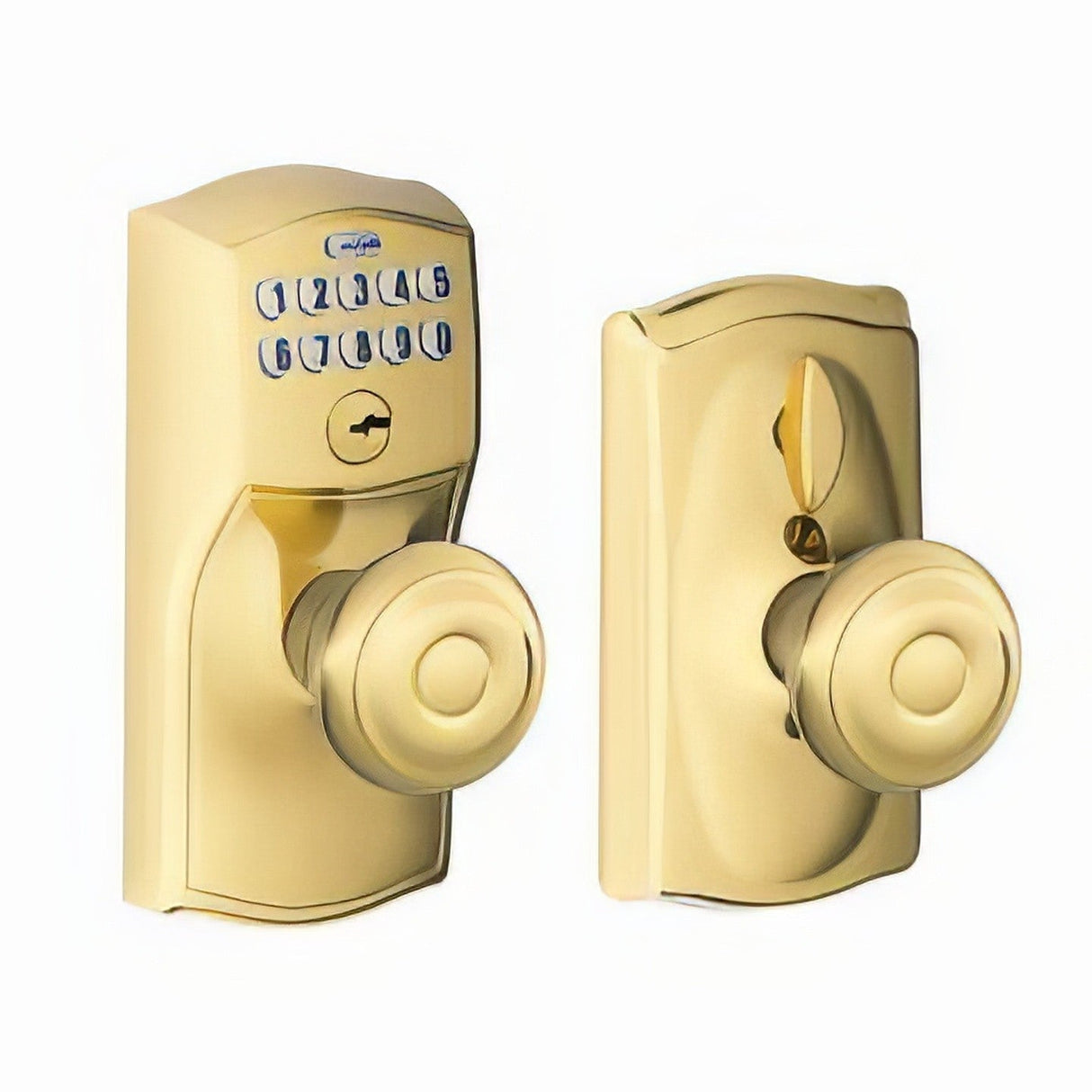 Schlage FE595CAM505GEO lifetime polished brass keypad entry door knob
