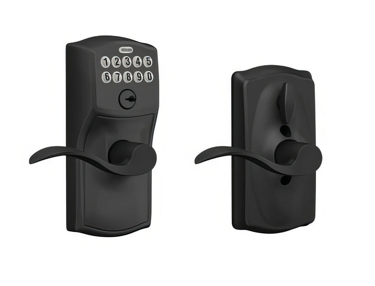 Schlage FE595CAM622ACC matte black keypad entry door lever