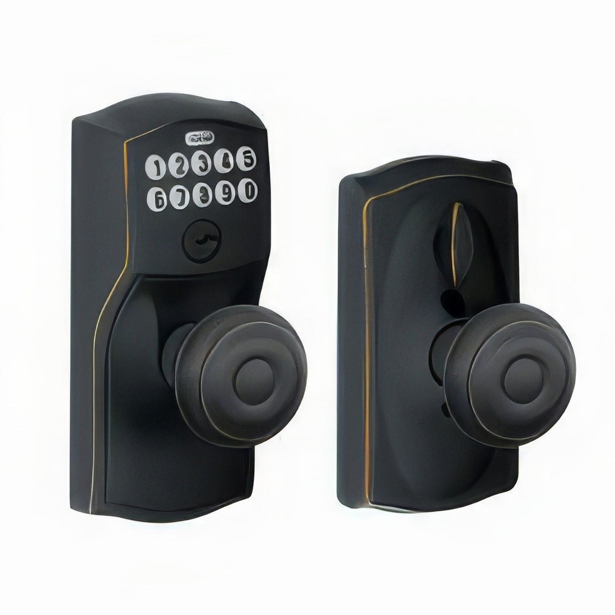 Schlage FE595CAM716GEO aged bronze keypad entry door knob