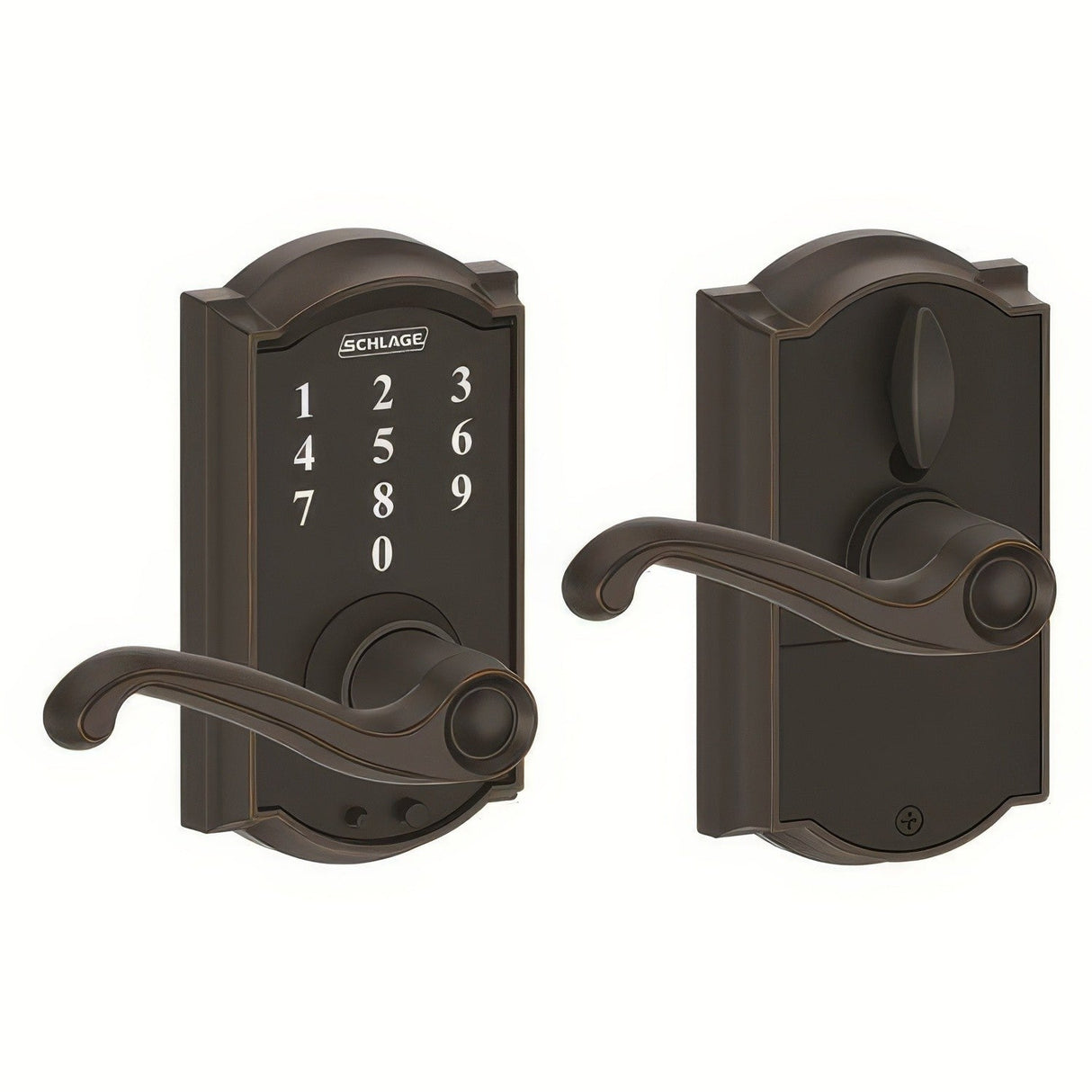 Schlage FE695CAM716FLA aged bronze touchscreen keyed entry locks