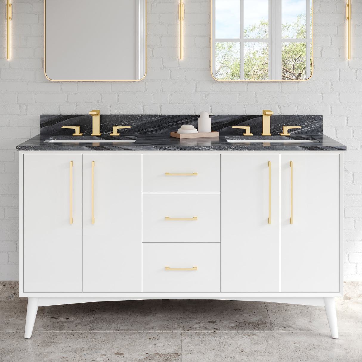 Jeffrey Alexander Dashwood 60" White Double Sink Bathroom Vanity with Grey Marble Top - 8 in. Widespread Faucet Top