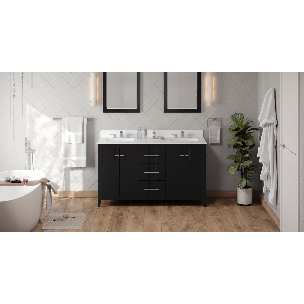 Jeffrey Alexander Katara 60" Black Double Sink Bathroom Vanity with White Quartz Top - 8 in. Widespread Faucet Top
