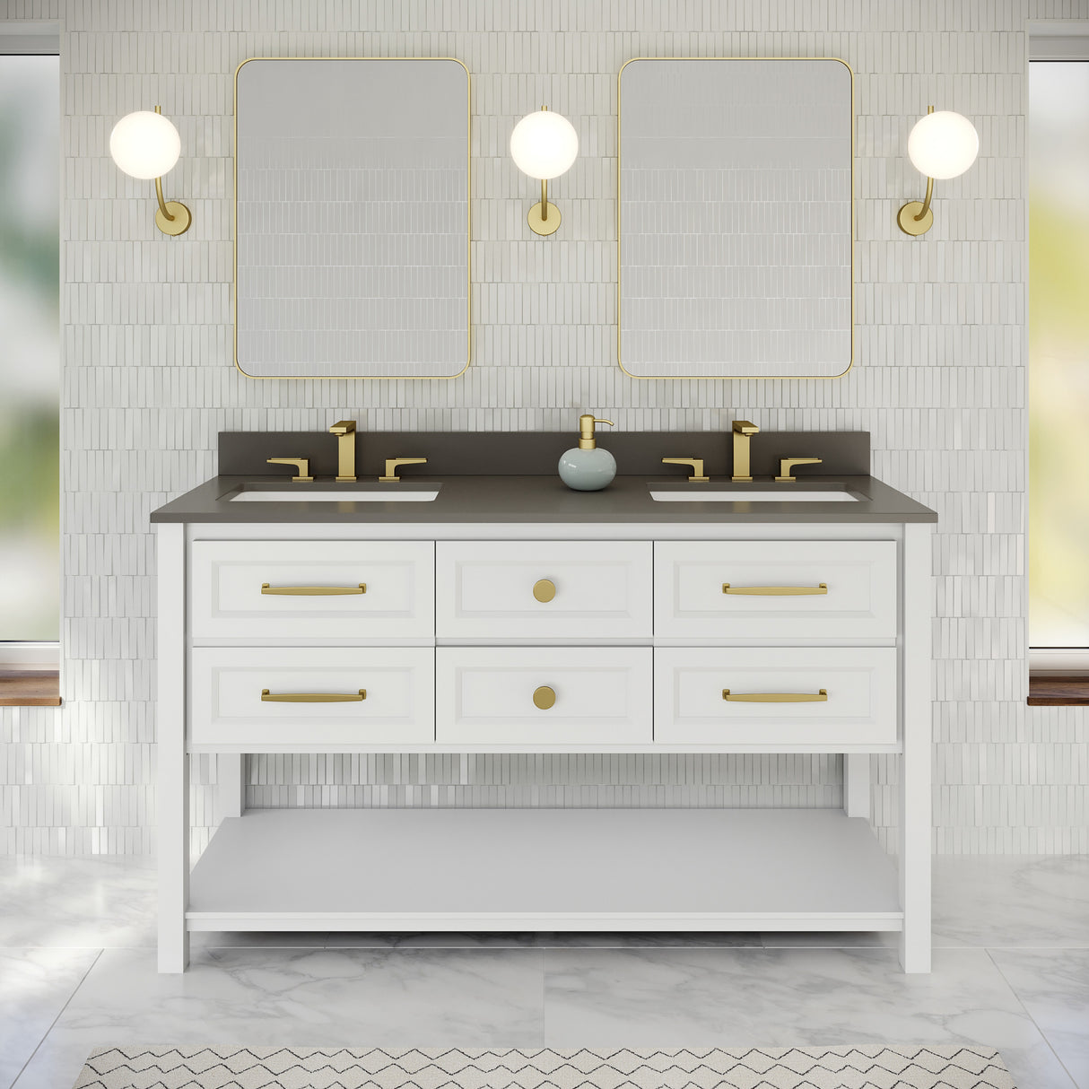 Jeffrey Alexander Kipling 60" White Double Sink Bathroom Vanity with Grey Quartz Top - 8 in. Widespread Faucet Top
