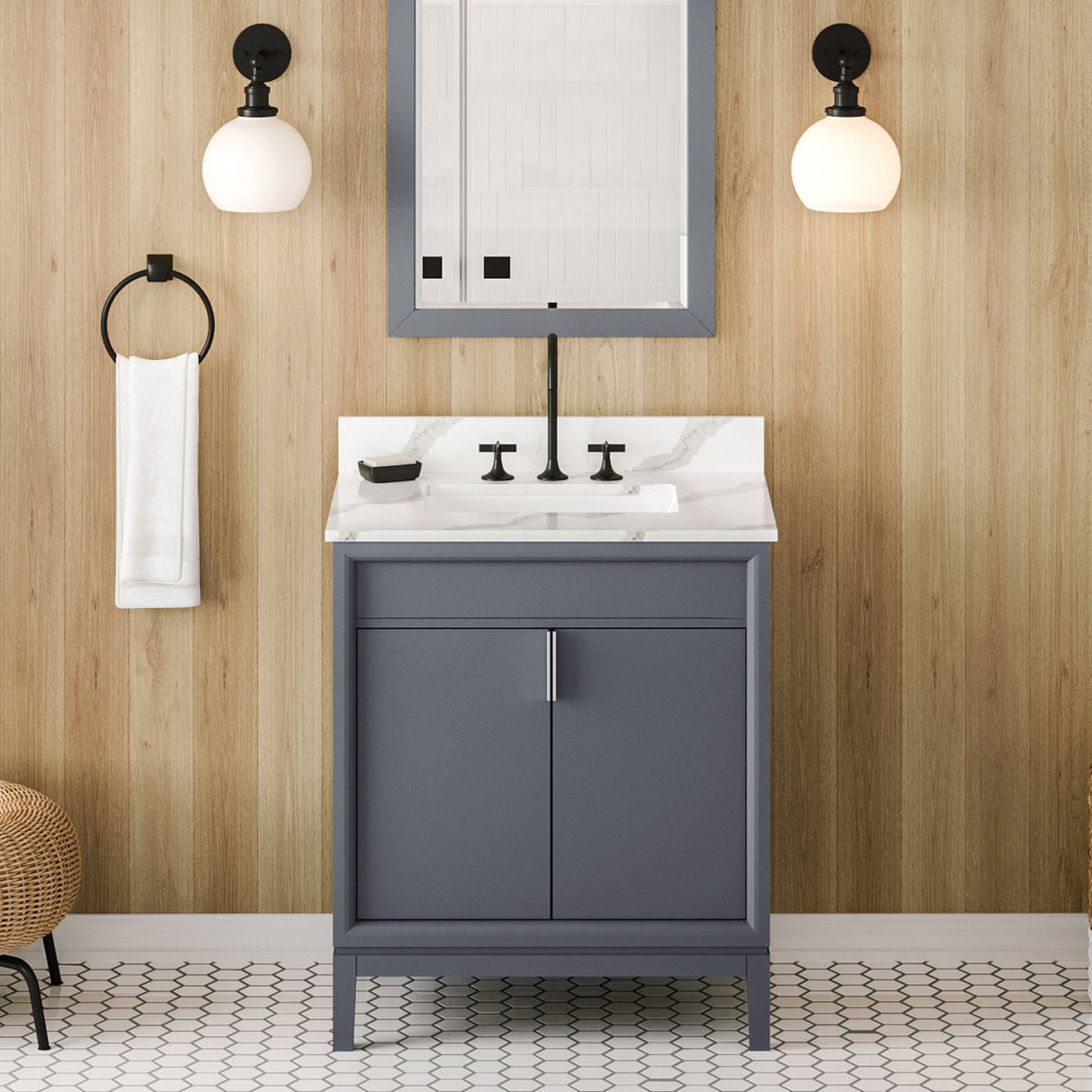 Jeffrey Alexander Theodora 30" Blue Steel Single Sink Bathroom Vanity with Calacatta Vienna Quartz Top - 8 in. Widespread Faucet Top product image 2