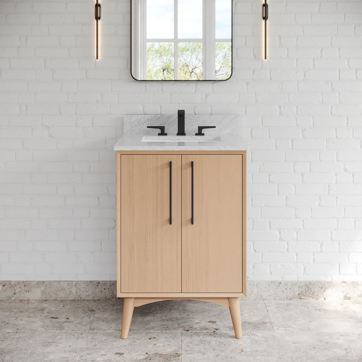 Jeffrey Alexander Dashwood Natural Oak Single Sink Bathroom Vanity with White Carrara Marble Top - Single-Hole Faucet Top - VKITDAS24NOWCR