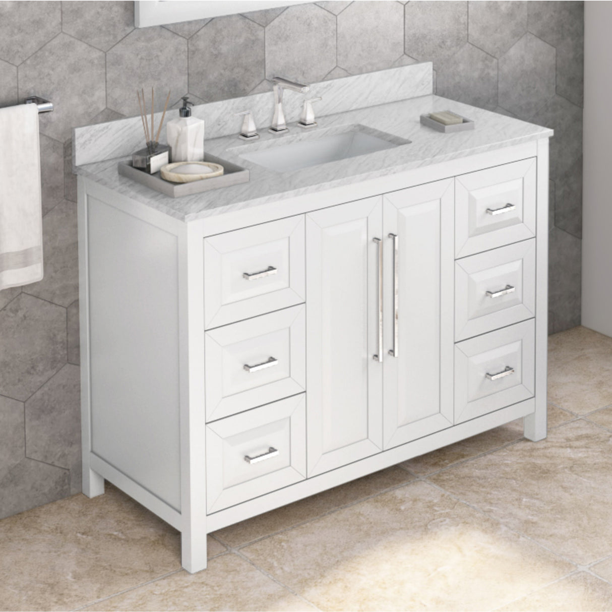 Jeffrey Alexander Cade 48" White Single Sink Bathroom Vanity with White Carrara Marble Top - 8 in. Widespread Faucet Top product image 2