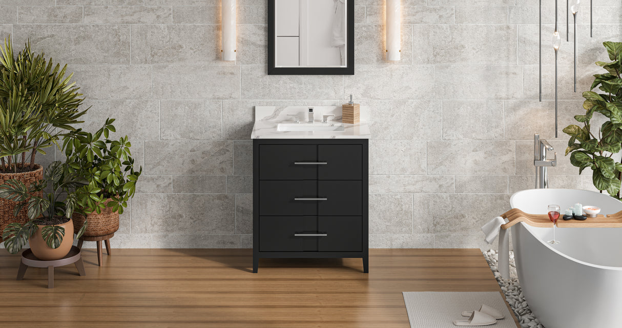 Jeffrey Alexander Katara 30" Black Single Sink Bathroom Vanity with Calacatta Vienna Quartz Top - 8 in. Widespread Faucet Top product image 7