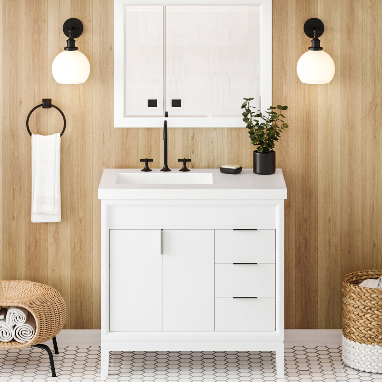 Jeffrey Alexander Theodora 37" White Single Sink Bathroom Vanity with White Resin Top - 8 in. Widespread Faucet Top