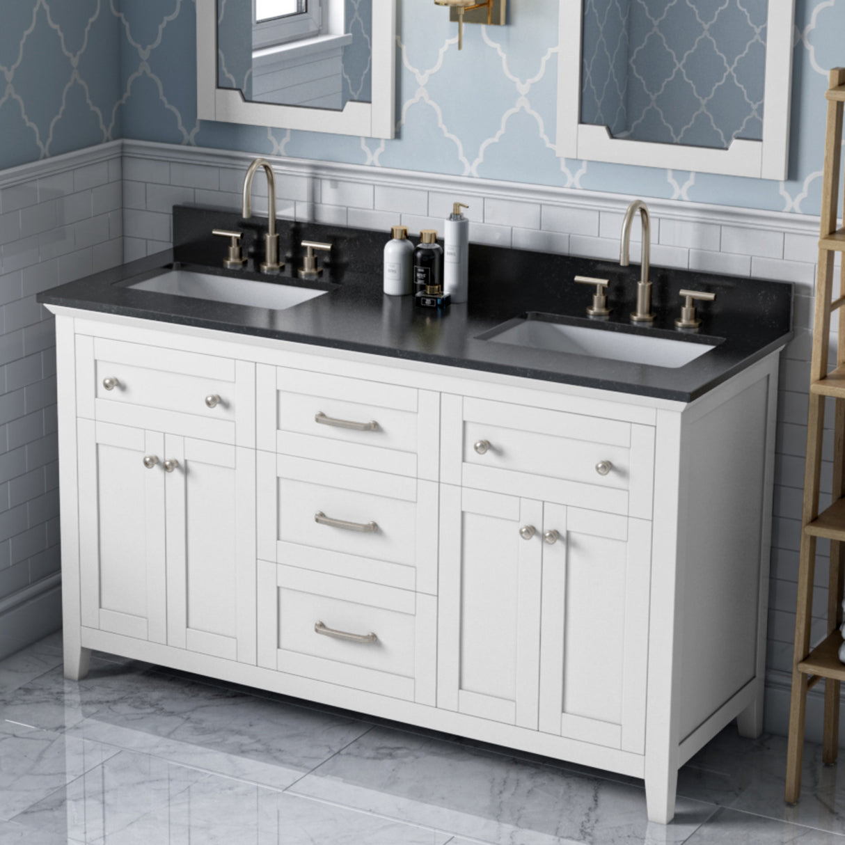 Jeffrey Alexander Chatham 60" White Double Sink Bathroom Vanity with Black Granite Top - 8 in. Widespread Faucet Top - VKITCHA60WHBGR product image 2